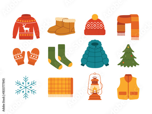 Winter clothing and holiday elements collection isolated on transparent background, Vector