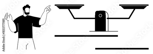 Decision-making, equality , justice system, fairness, work-life balance, evaluation process. A man gestures towards a balance scale. Decision-making and equality ation concept