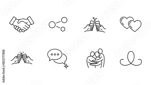 Minimalist line art icons: connection, communication, and celebration symbols
