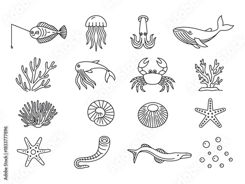 Marine life vector icons collection isolated on transparent background, Vector