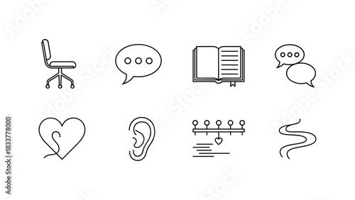 Minimalist line icons of office chair, chat bubbles, open book, heart, ear, timeline, and winding path