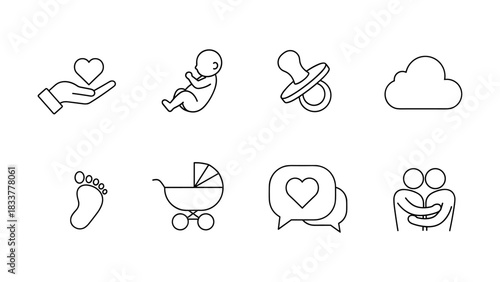 Minimalist baby icon set with heart, stroller, and cloud symbols