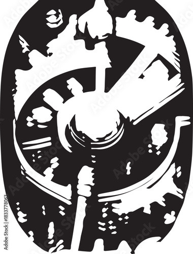 Abstract black and white design with circular and linear shapes
This abstract design features a striking contrast between black and white. Circular and linear shapes create a visually engaging composi