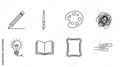 Creative art tools and concepts in minimalist line art style