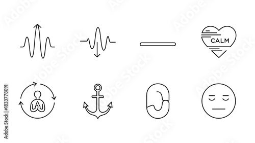 Minimalist line art icons of calm heartbeat anchor and emotions