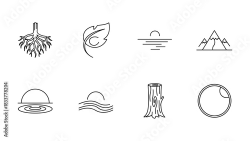 Minimalist nature icons collection: roots, leaf, sunset, mountains, sea, tree, water