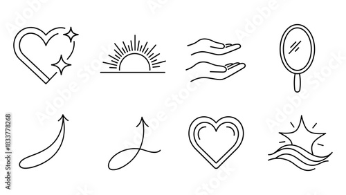 Minimalist line icons set featuring hearts, sun, hands, and mirror