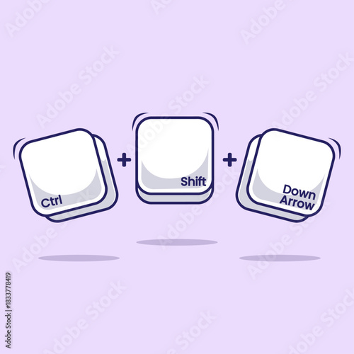 Computer keyboard combination shortcut Ctrl Shift plus Down Arrow button for fast typing technology and Work efficient