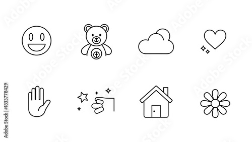 Simple black linear icons of everyday objects and symbols
