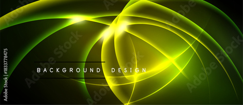 Bright neon lines create abstract curves, glowing center. Dark background emphasizes vibrant yellow, green energy. Modern design element.