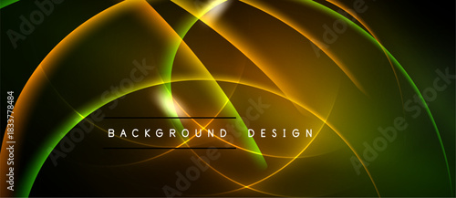 Abstract design features flowing curves, vibrant colors. Dark background emphasizes bright orange, green, yellow elements. Modern aesthetic.