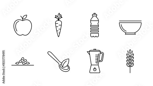 Minimalist line icons of fresh produce and kitchen essentials