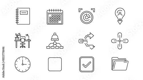 Minimalist office icons set: calendar, clock, desk, directional arrows