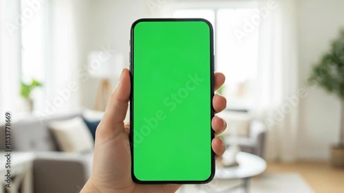 Person Holding Smartphone with Green Screen in Bright Modern Living Room