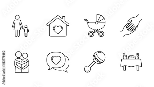 Family and parenthood icons: line art set of eight symbols related to family, home, and care