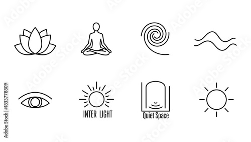 Minimalist wellness icons featuring yoga, meditation, and nature symbols in linear design
