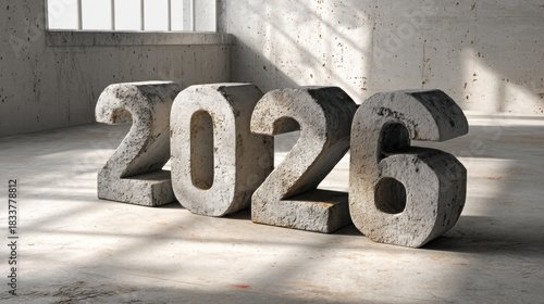 2026 in large stone numbers, representing the new year in a concrete environment. The year 2026 is displayed in large, weathered stone numbers, suggesting a solid foundation for the future.