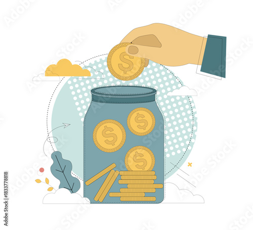 Vector flat illustration. A jar containing gold coins, into which a hand places a coin.  Financial savings concept..eps