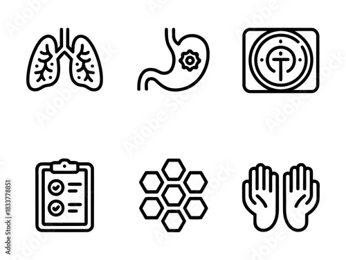 Medical icons with lungs, stomach, and hands isolated on transparent background, Vector