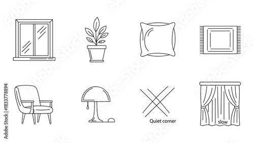 Minimalist home decor icons: cozy living room ideas with modern line art style