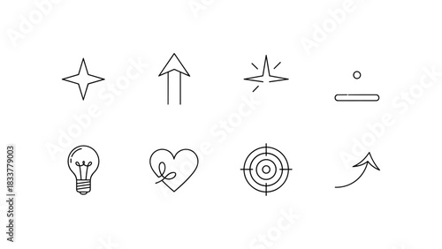 Minimalist icons pack: arrows, stars, heart, bulb, target, growth