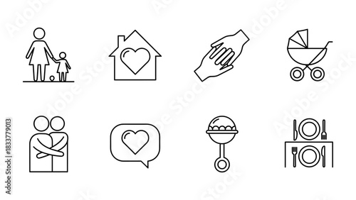 Minimalist family and home icons: love, care, and togetherness symbols