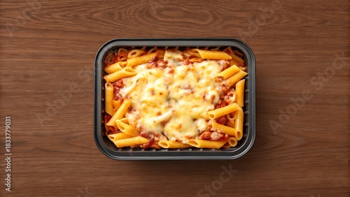 Top view of a rectangular black plastic container filled with baked penne pasta covered in tomato sauce and melted cheese on a wooden table