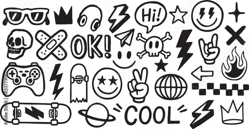 Hand-drawn doodle vector set with cool icons like skulls, smiley faces, lightning bolts, game controller, peace sign, and more. Perfect for t-shirts, stickers, and streetwear graphics black and white