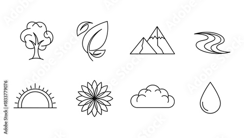 Simple nature icons collection: trees, leaves, mountains, water, sun, flowers, clouds, raindrops