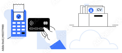 Digital transactions. A contactless payment device with a card, digital cloud symbol, and CV folder icon. Digital transactions highlight innovation in data management and payments. For fintech
