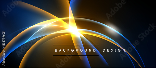 Abstract design features vibrant curves, bright light flares. Dark background emphasizes glowing lines, creating dynamic visual effect.