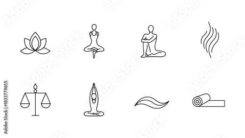 Minimalist yoga and wellness icons for relaxation and balance design projects