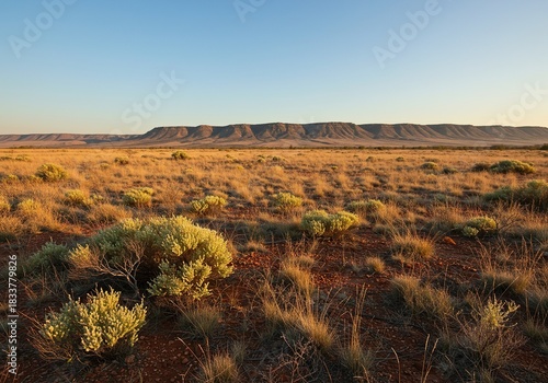 Vast, sun-drenched wilderness under a clear summer sky, featuring dry native vegetation and rugged terrain. Heat shimmers in the distance ,blue sky ,vegetation ,scrubland