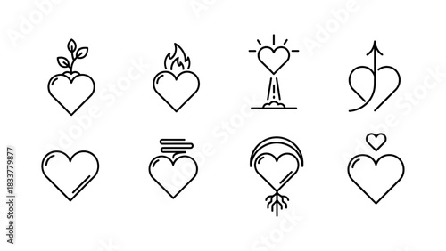 Minimalist heart icon set with nature, fire, rising, and motion elements