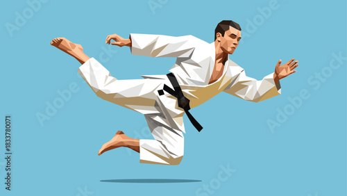 Dynamic martial artist in mid air with polygonal geometry on blue background