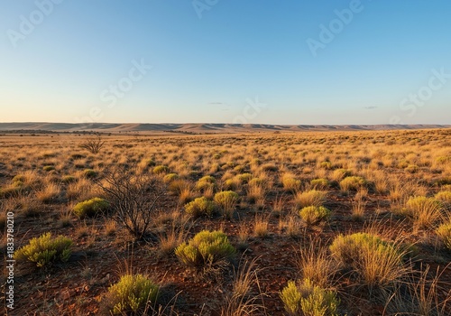Vast, sun-drenched wilderness under a clear summer sky, featuring dry native vegetation and rugged terrain. Heat shimmers in the distance ,sunshine ,distant ,nature