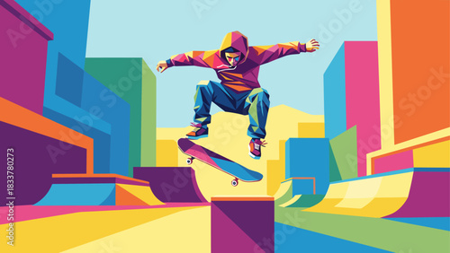 Vibrant urban skateboarding scene with dynamic tricks in colorful geometric cityscape