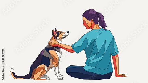 Geometric art of woman and dog in vibrant low poly style