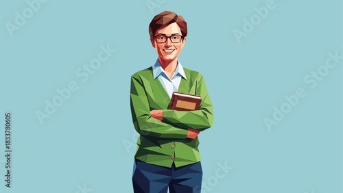 Smiling professional woman in geometric design holding book
