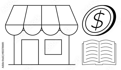 E-commerce, retail, education, savings, financial literacy, business strategy. A small storefront with a dollar coin and open book in black-and-white design. E-commerce and retail concept