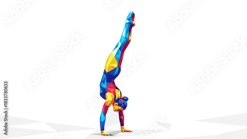 Colorful geometric athlete in handstand pose on white background