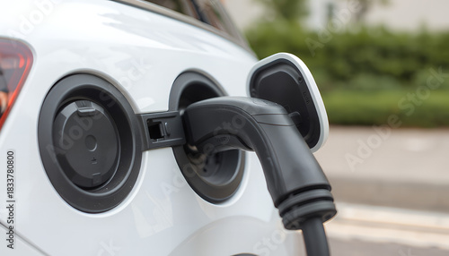 Close up of an electric car charging port with a plug inserted