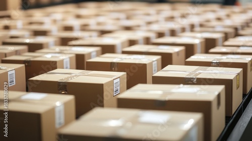 Rows of cardboard boxes on a conveyor belt in a warehouse ready for shipping