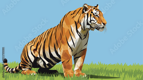 Polygonal tiger on grass: a geometric wildlife art in low poly style