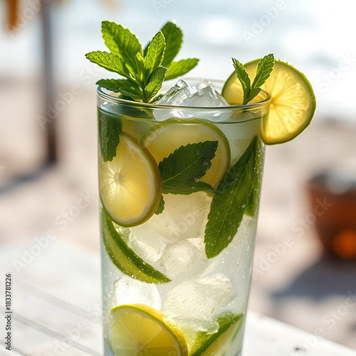 Refreshing mojito cocktail with mint and lime on a beach