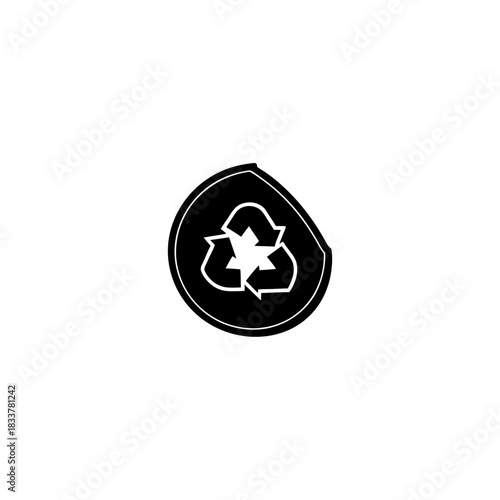 Recycle symbol inside a black sticker with torn corner on transparent background