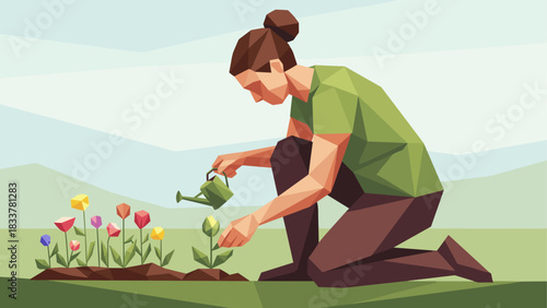 Low poly garden scene featuring woman watering flower bed in geometric style