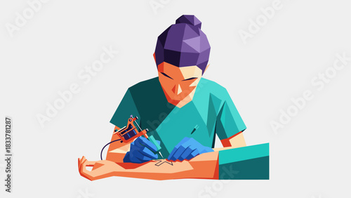 Geometric tattoo artist creating art with precision and skill