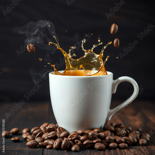 White coffee cup with splash and coffee beans on a wooden table