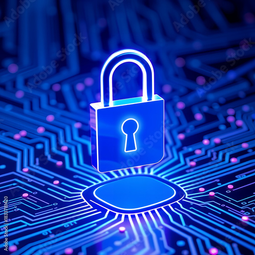 Wallpaper Mural Digital padlock glowing on a futuristic blue circuit board representing cybersecurity Torontodigital.ca